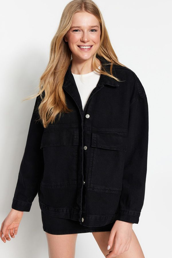 Trendyol Trendyol Black Pocket Detailed Oversize Denim Jacket