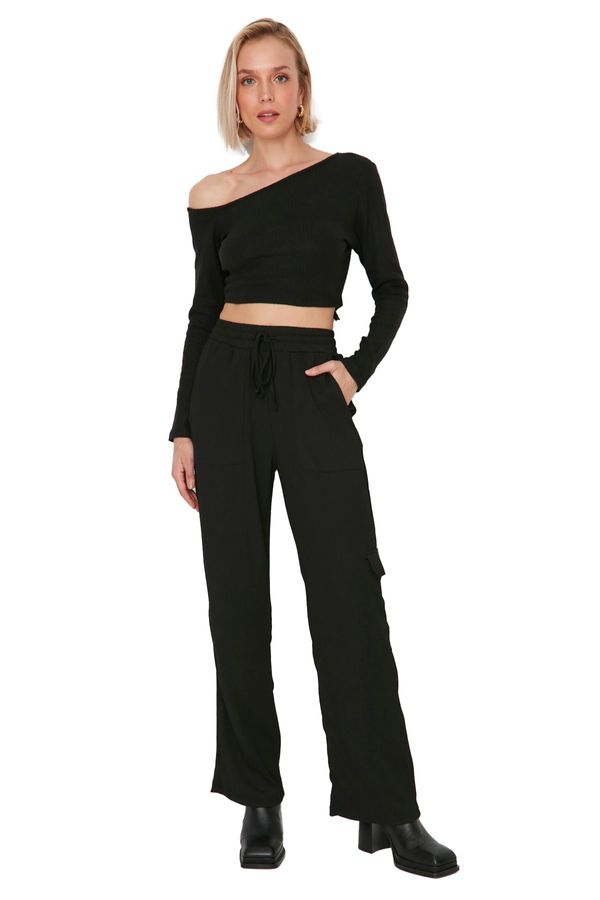 Trendyol Trendyol Black Pocket Detailed Wide Leg/Casual Fit High Waist Crisp Knitted Pants