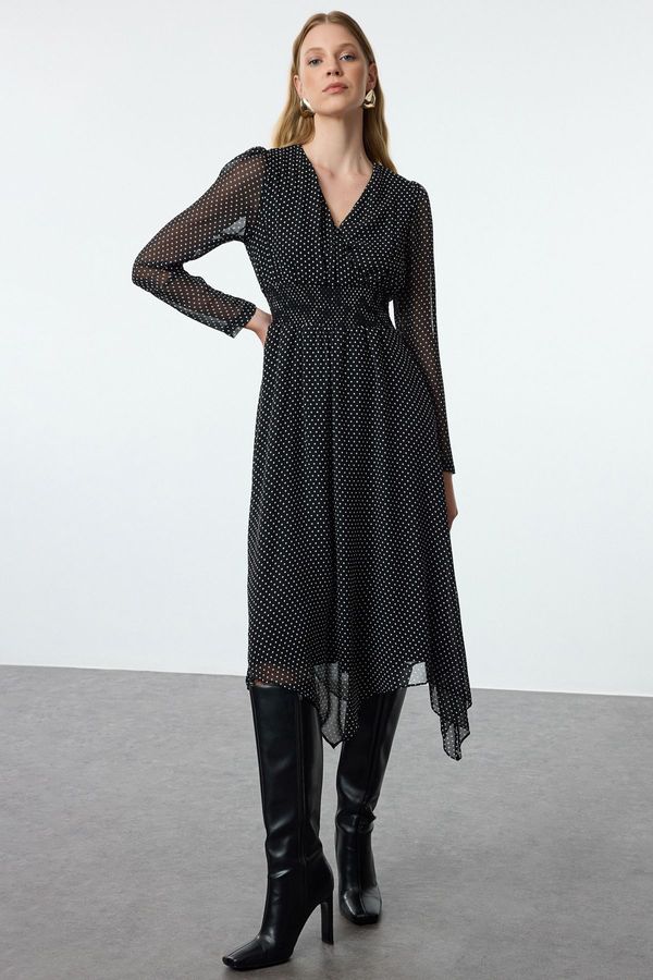 Trendyol Trendyol Black Polka Dot A-Line Double Breasted Collar Handkerchief Skirt Detailed Lined Chiffon Woven Dress