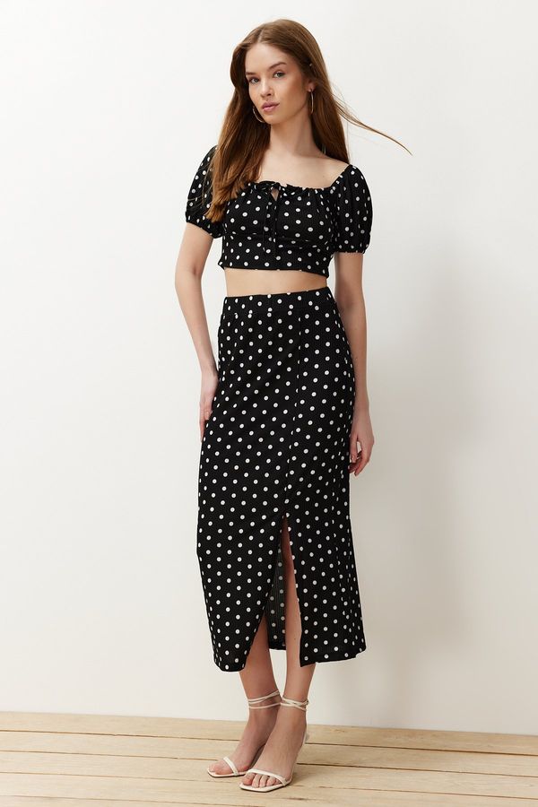 Trendyol Trendyol Black Polka Dot Carmen Collar Ribbed Flexible Knitted Blouse/Skirt Top-Bottom Set