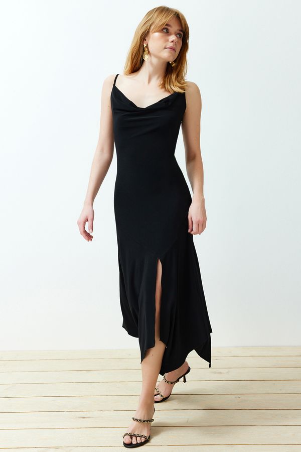 Trendyol Trendyol Black Polka Dot Collar Strap Body-Shouldered Elastic Knitted Midi Dress