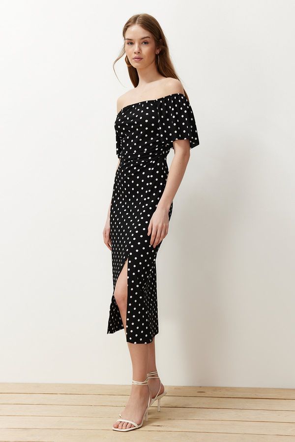 Trendyol Trendyol Black Polka Dot Polka Dot Carmen Collar Gathered Ribbed Flexible