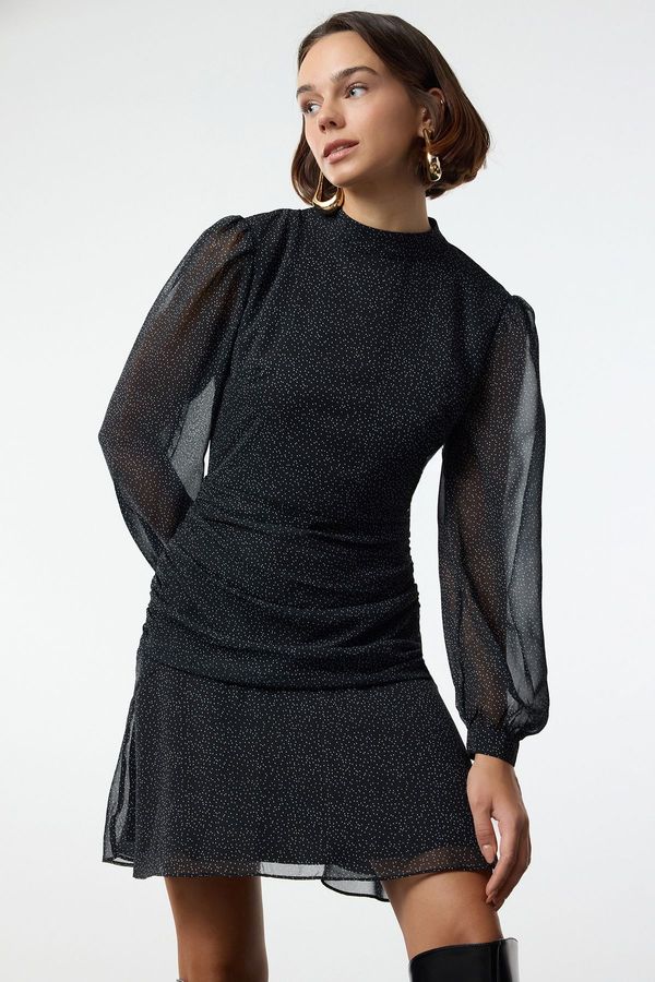 Trendyol Trendyol Black Polka Dot Stand Collar A-Line Draped Chiffon Lined Mini Woven Winter Dress