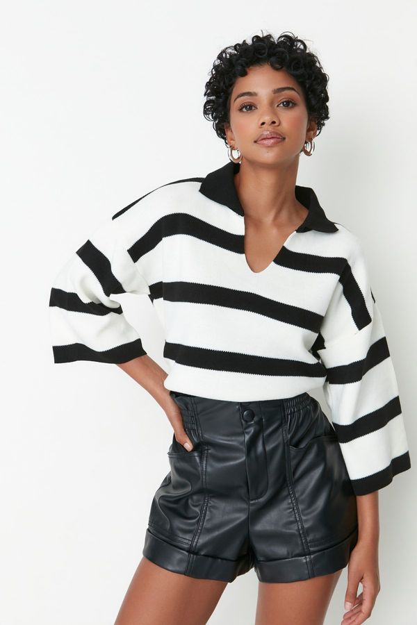 Trendyol Trendyol Black Polo Neck Basic Striped Knitwear Sweater