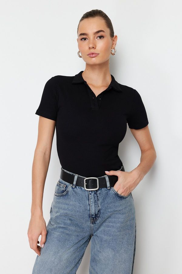 Trendyol Trendyol Black Polo Neck Buttoned Short Sleeve Stretchy Ribbed Knitted Blouse