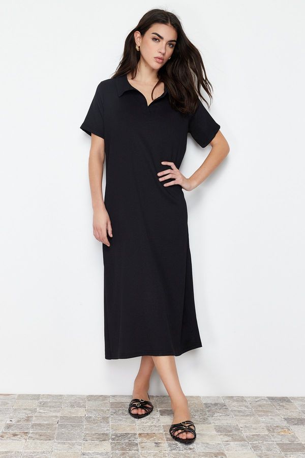 Trendyol Trendyol Black Polo Neck Short Sleeve Midi Crepe/Textured Knitted Dress