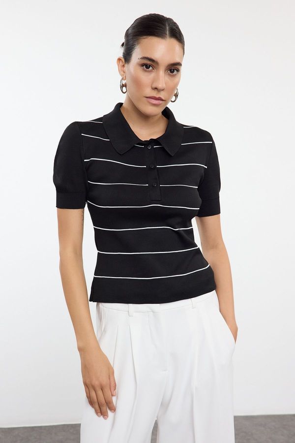 Trendyol Trendyol Black Polo Neck Striped Knitwear Sweater