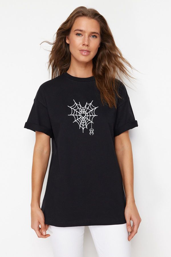 Trendyol Trendyol Black Premium 100% Cotton Spider Web Printed Oversize/Wide Fit Knitted T-Shirt