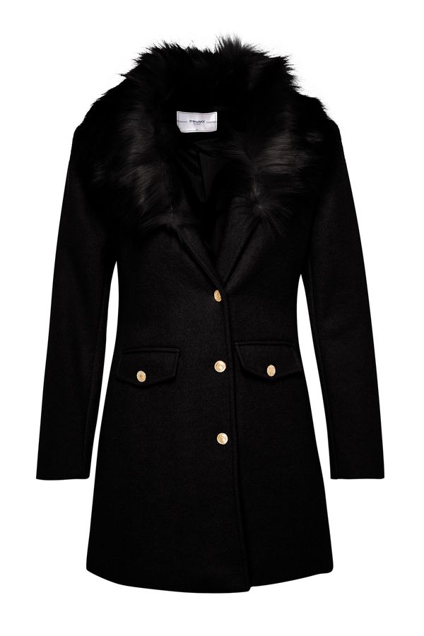 Trendyol Trendyol Black Premium Fur Collar Detailed Coat with Gold Buttons