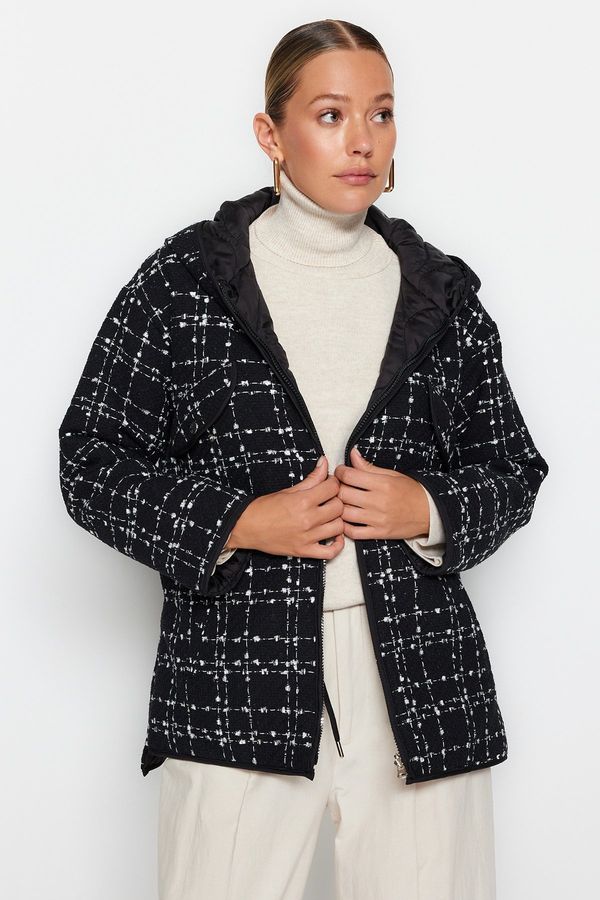 Trendyol Trendyol Black Premium Oversize Reversible Wearable Tweed Quilted Puffer Jacket