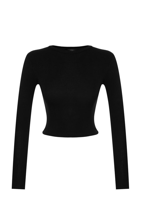 Trendyol Trendyol Black Premium Viscose Crew Neck Crop Flexible Knitted Blouse