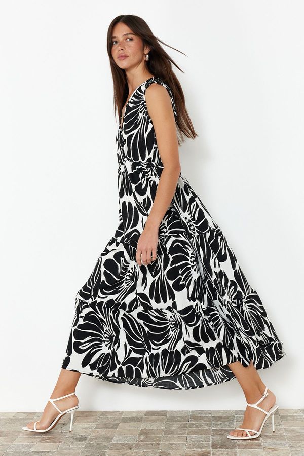 Trendyol Trendyol Black Printed Double Breasted Covered Stretchy Maxi Knitted Dress with Ruffle Skirt