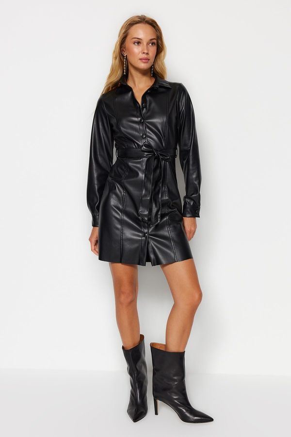 Trendyol Trendyol Black Rack Faux Leather Strap Mini Knitted Dress with Buttons and Shirt Collar