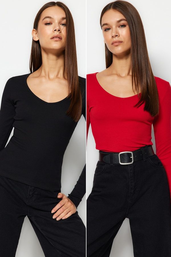 Trendyol Trendyol Black-Red 2-Pack V-Neck Fitted Cotton Stretchy Knitted Blouse