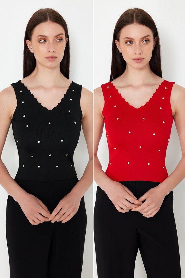Trendyol Trendyol Black-Red Stone Embroidered Double Pack Knitwear Blouse