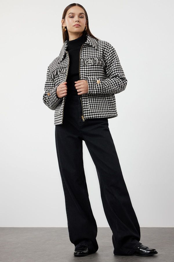 Trendyol Trendyol Black Regular Cut Houndstooth Patterned Tassel Detailed Seasonal Jacket Coat