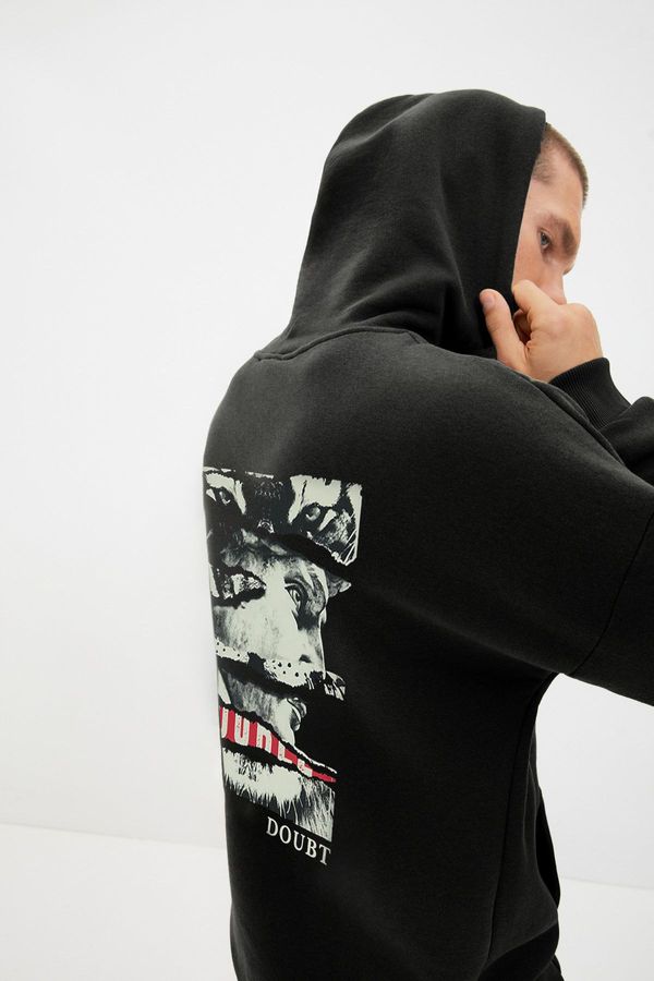 Trendyol Trendyol Black Regular Cut Printed Hooded Art Printed Sweatshirt