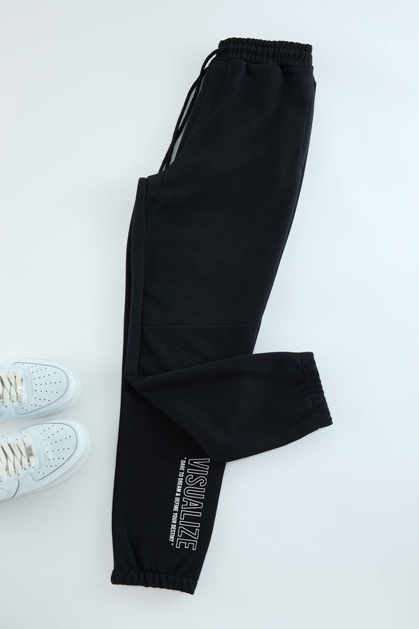 Trendyol Trendyol Black Regular Cut Text Print Detailed Sweatpants