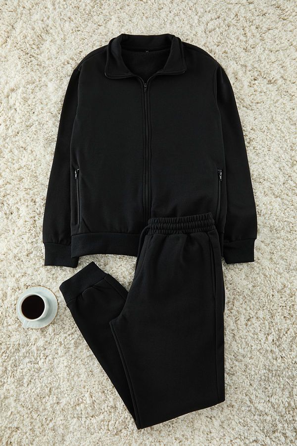 Trendyol Trendyol Black Regular Cut Zippered Basic Tracksuit