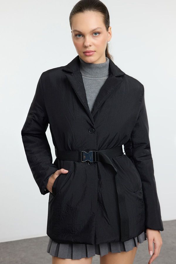 Trendyol Trendyol Black Regular Fit Belted Thin Quilted Puffer Coat