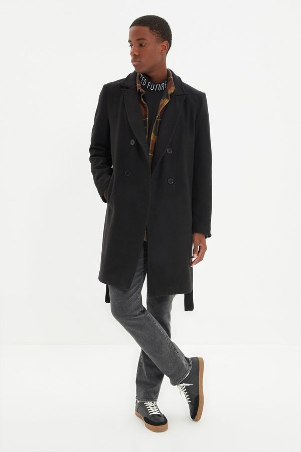 Trendyol Trendyol Black Regular Fit Double Breasted Closure Long Cuff Coat with Sash Tie Detail
