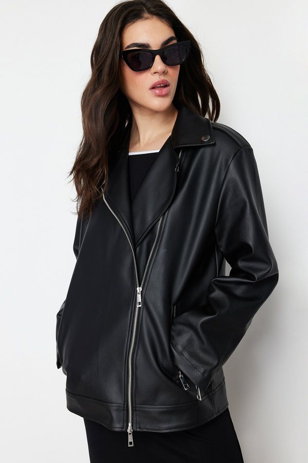 Trendyol Trendyol Black Regular Fit Faux Leather Biker Jacket Coat