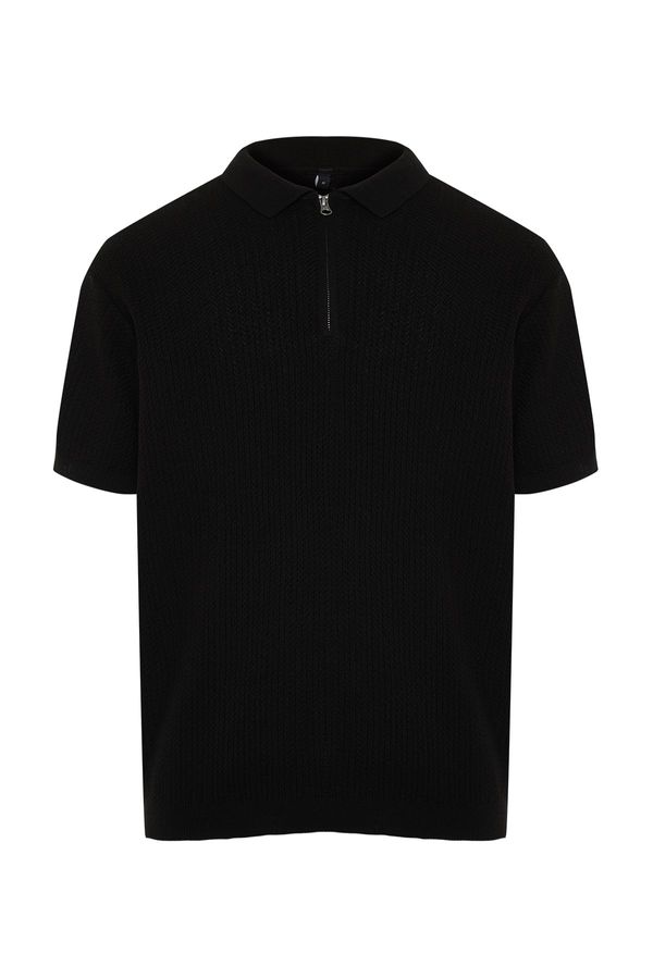 Trendyol Trendyol Black Regular Fit Openwork Zippered Knitwear Polo Collar T-Shirt
