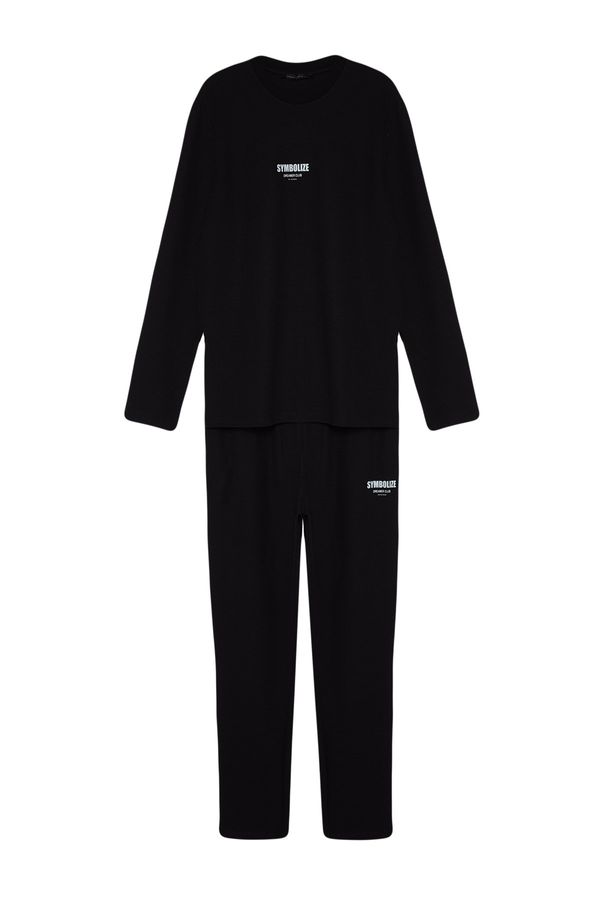 Trendyol Trendyol Black Regular Fit Printed Waffle Knitted Pajamas Set