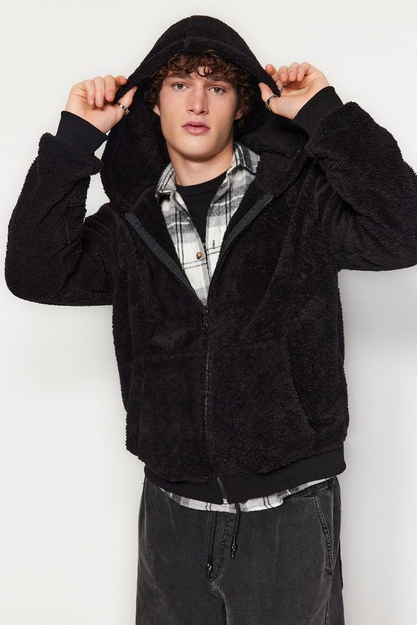 Trendyol Trendyol Black Regular/Normal Cut Full Zipper Pocket Fleece Thick Sweatshirt-Cardigan