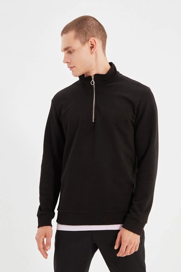 Trendyol Trendyol Black Regular/Regular Fit High Neck Zipper Detail Basic Cotton Sweatshirt