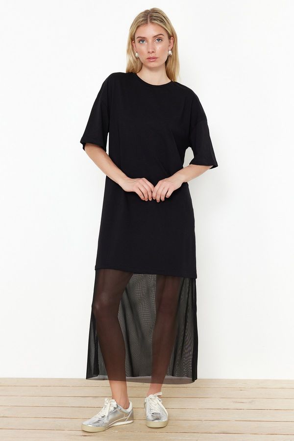 Trendyol Trendyol Black Relaxed/Casual Cut Tulle Detailed Knitted Maxi Dress