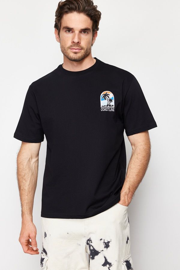 Trendyol Trendyol Black Relaxed/Comfortable Cut Scenic Embroidered 100% Cotton Short Sleeve T-Shirt