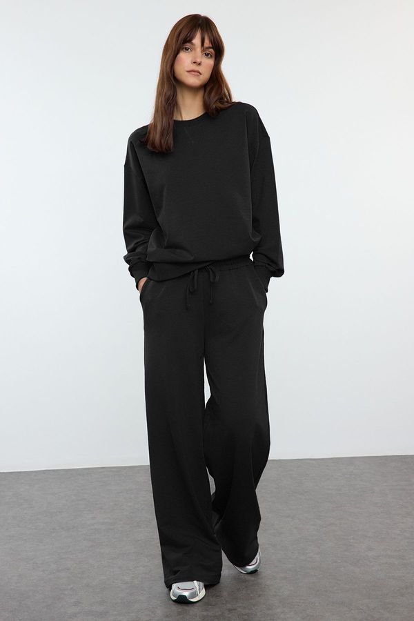 Trendyol Trendyol Black Relaxed/Comfortable Fit Wide Leg/Wide Leg Knitted Sweatshirt/Bottom Tracksuit Set