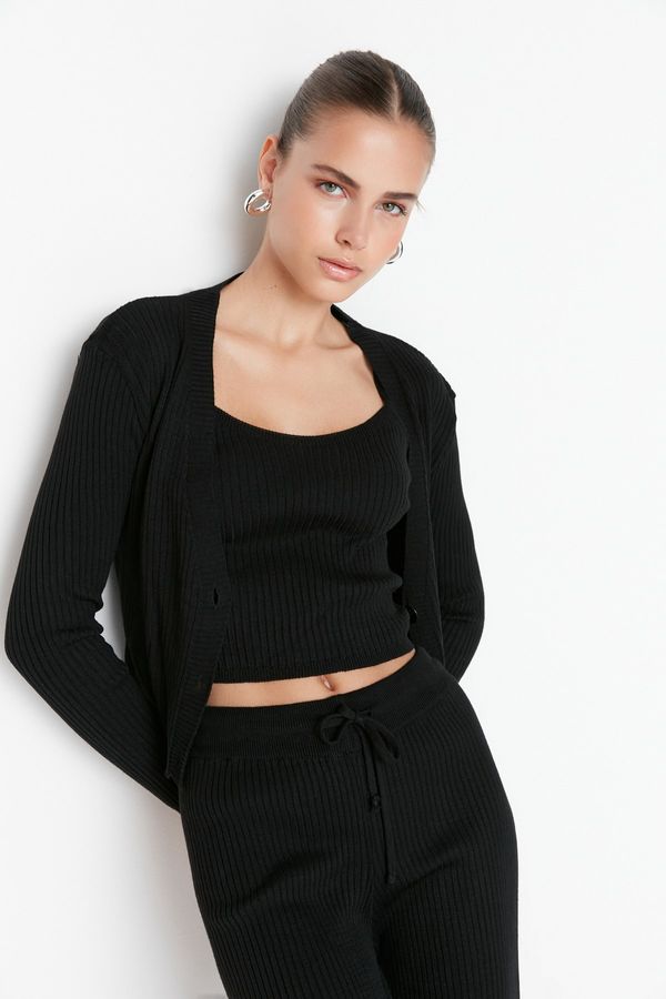 Trendyol Trendyol Black Ribbed Blouse Cardigan Trousers Knitwear Bottom-Top Set