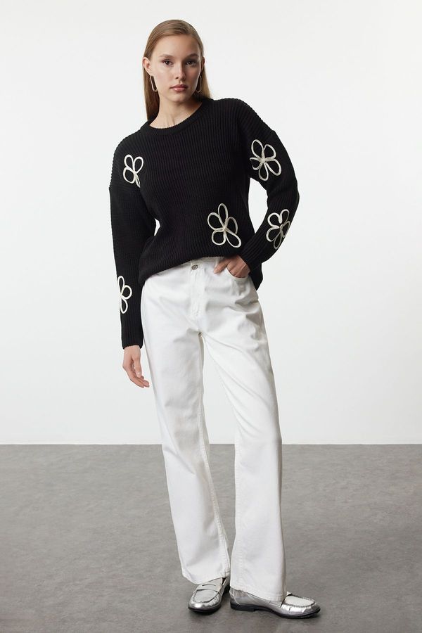 Trendyol Trendyol Black Ribbed Wide Cut Floral Patterned Crew Neck Knitwear Sweater