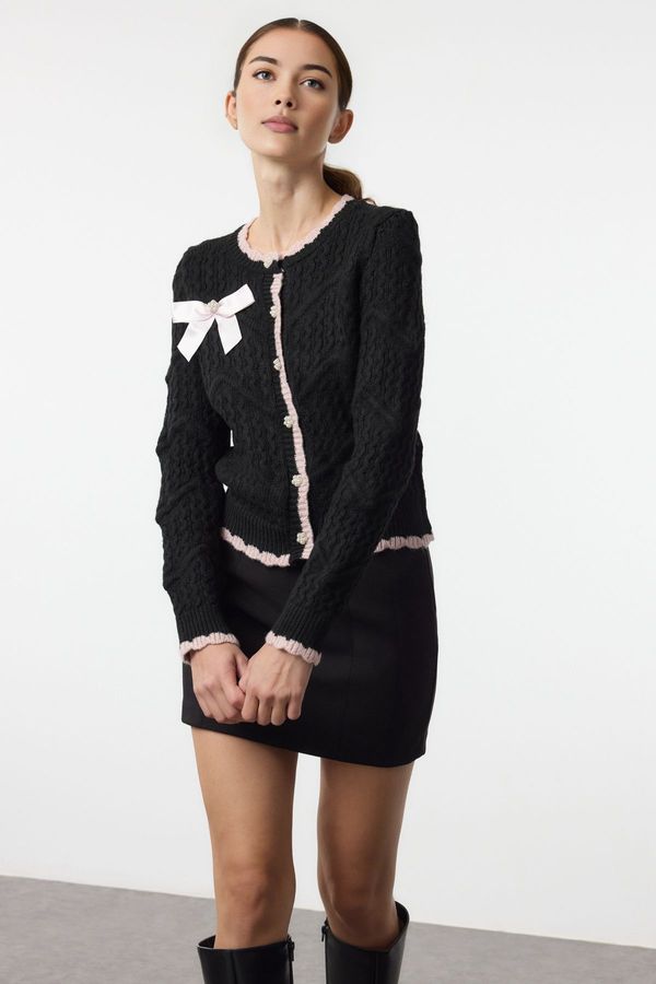 Trendyol Trendyol Black Ribbon Detailed Beaded Knitted Cardigan