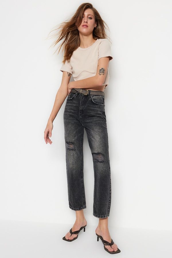 Trendyol Trendyol Black Ripped High Waist Straight Jeans