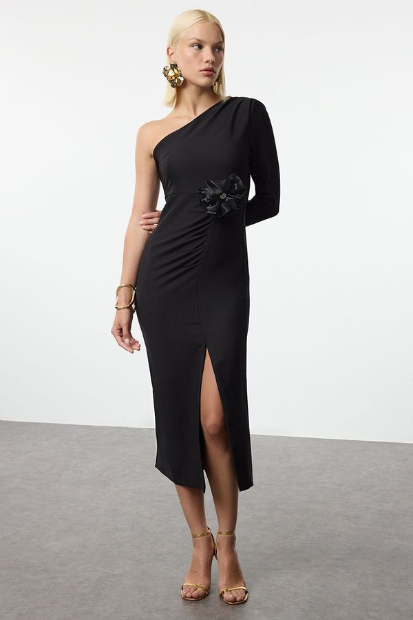 Trendyol Trendyol Black Rose Detailed One Shoulder Woven Dress