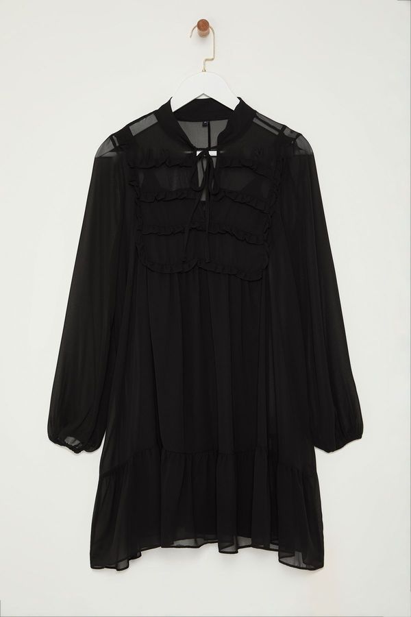 Trendyol Trendyol Black Ruffle Detailed Flounce Skirt Chiffon Mini Woven Winter Dress