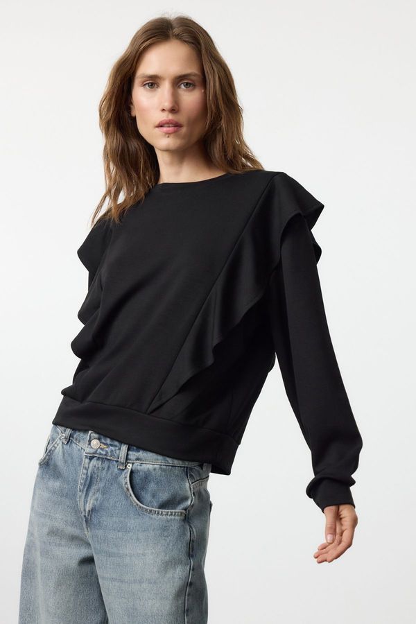 Trendyol Trendyol Black Ruffle Detailed Relaxed Knitted Sweatshirt