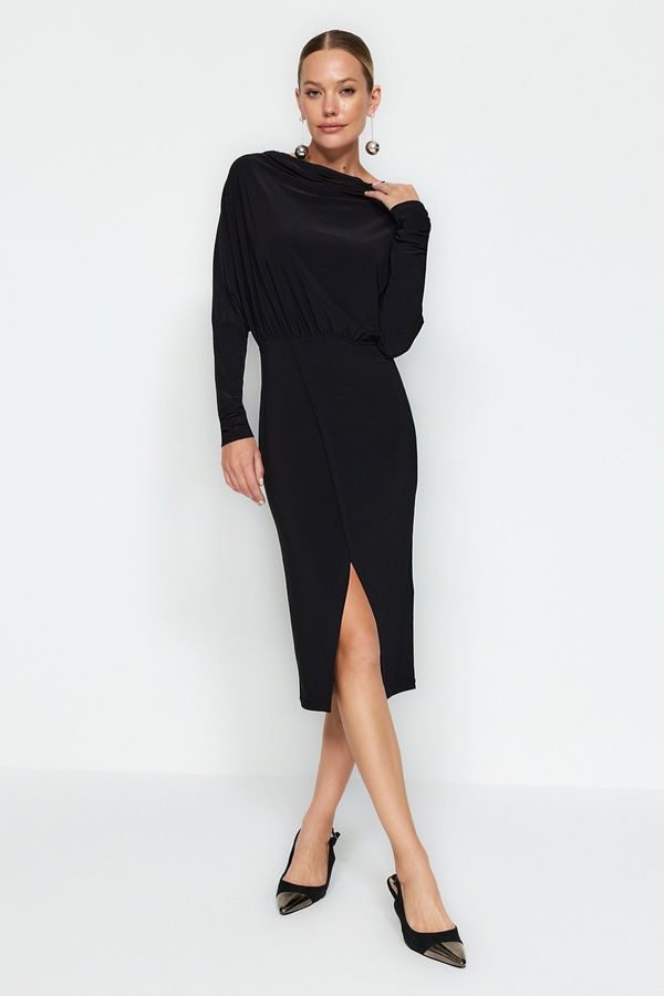 Trendyol Trendyol Black Scalloped Collar A-Line / A-Line Formal Midi Stretch Knit Dress