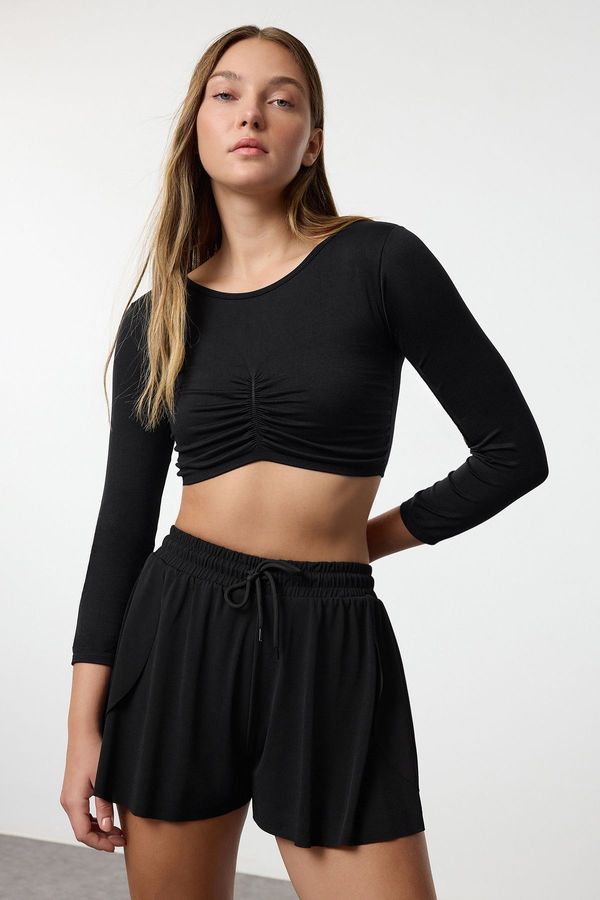 Trendyol Trendyol Black Seamless Gathered Detail Super Crop Knitted Sports Top/Blouse