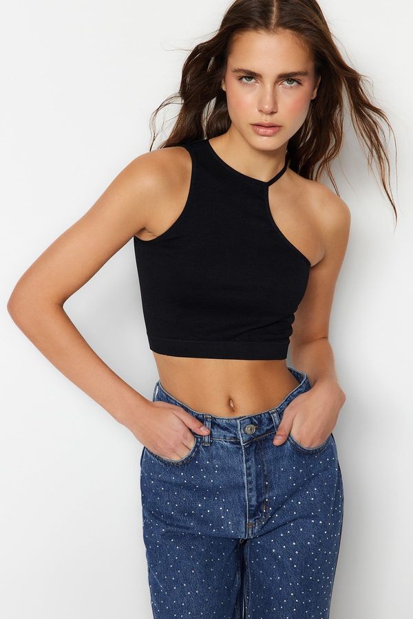 Trendyol Trendyol Black Seamless One-Shoulder Fitted/Slippery Crop Stretch Knitted Blouse