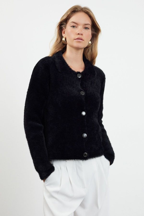 Trendyol Trendyol Black Shaggy Polo Neck Knitwear Cardigan