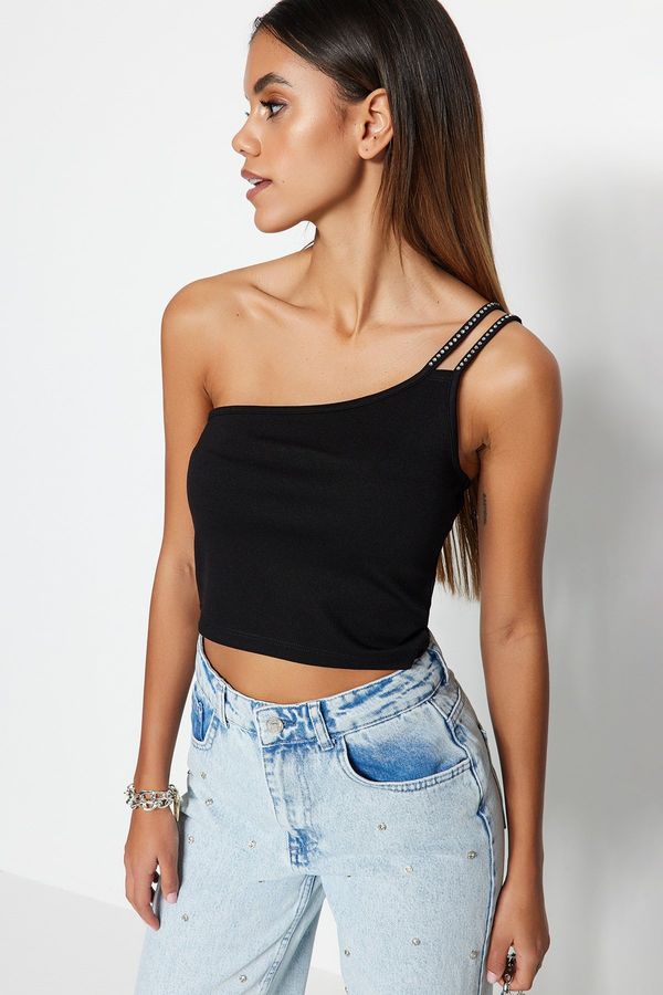 Trendyol Trendyol Black Shiny Stone Detailed Knitted Blouse with One-Shoulder Strap, Fitted Crop