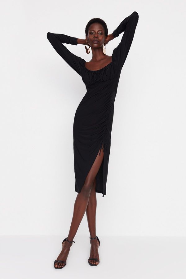 Trendyol Trendyol Black Shirring Detailed Knitted Evening Dress