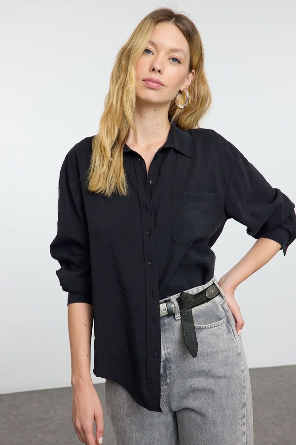 Trendyol Trendyol Black Single Pocket Boyfriend/Wide Pattern Care Collection Woven Shirt