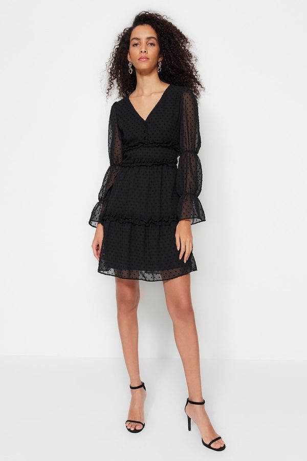 Trendyol Trendyol Black Skater/Belt Opening Fabric Featured Frilled Mini Lined Woven Dress