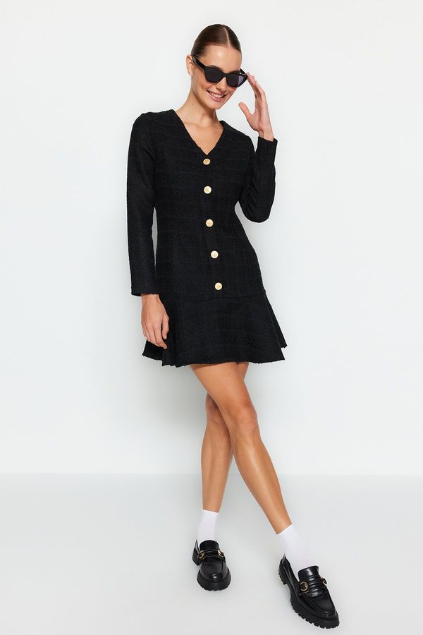 Trendyol Trendyol Black Skirt Flounce Button Detail V-Neck Tweed Woven Dress