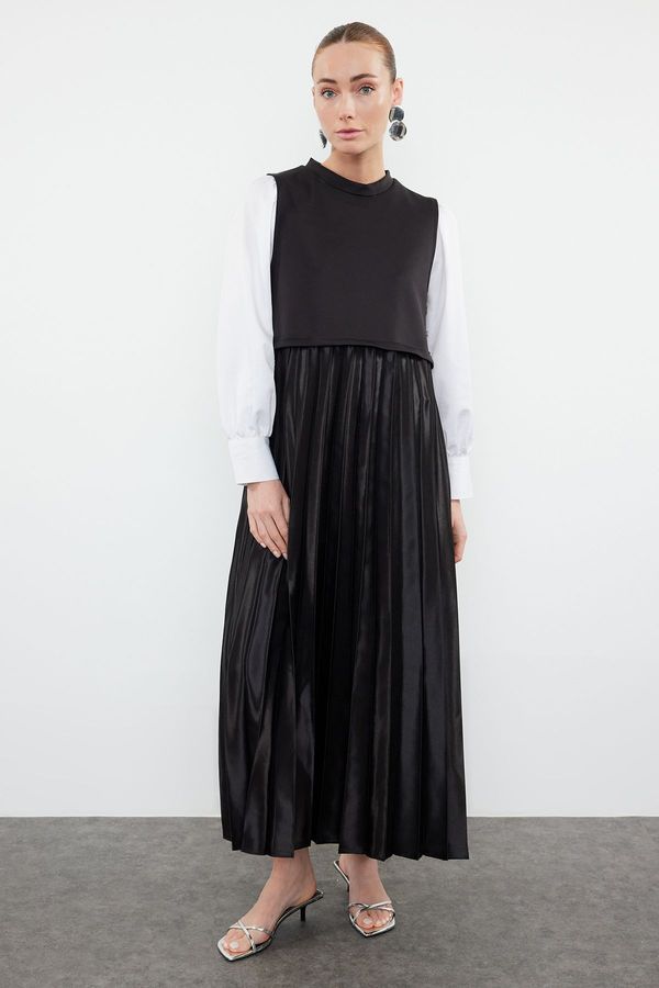 Trendyol Trendyol Black Skirt Pleated Knitted Satin Underwear Dress